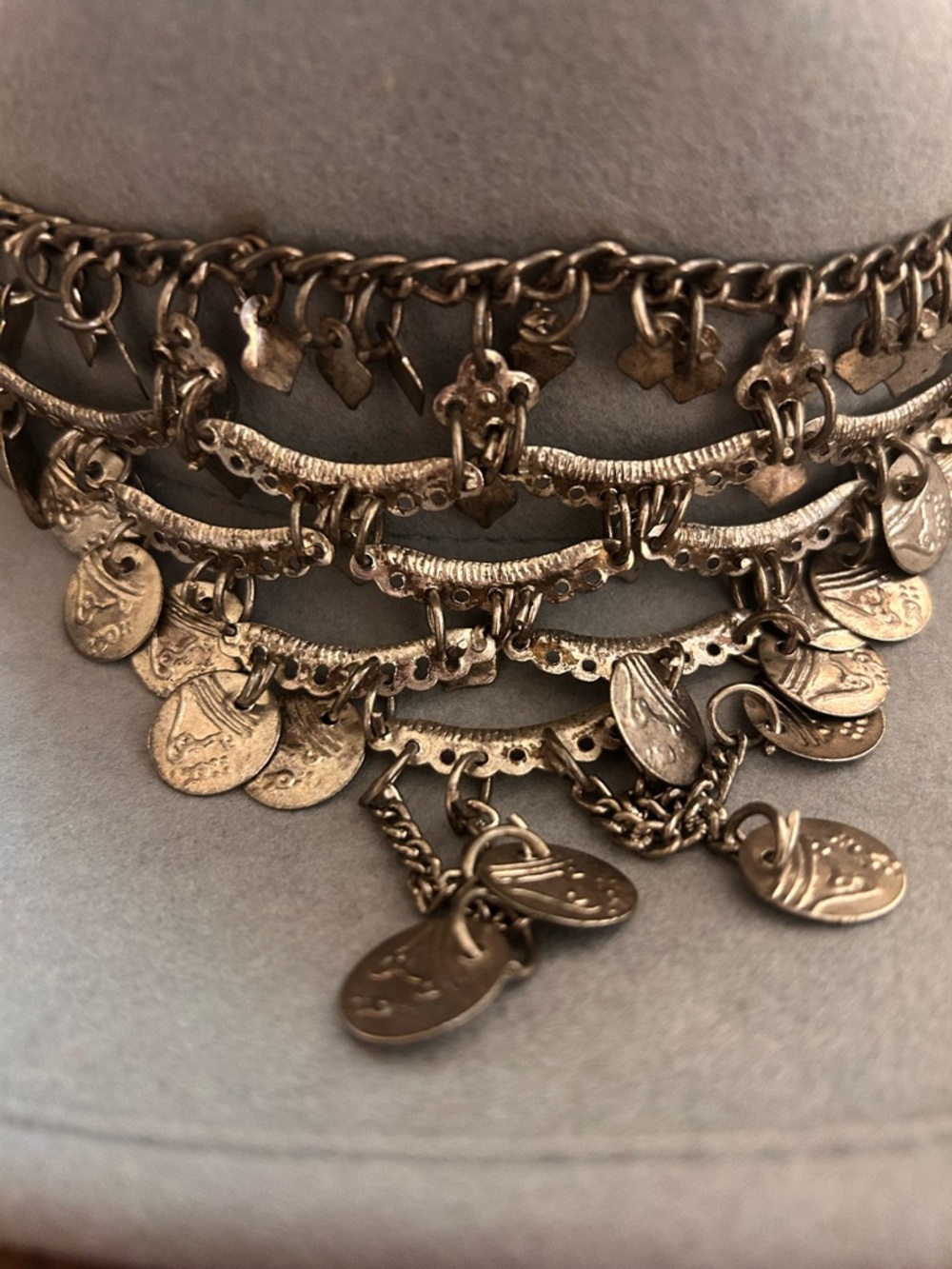 Free People Light Gray Felt hat with Layered Coin Chain - Picture 2 of 3